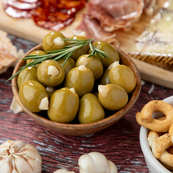 Pitted Gordal Olives Stuffed with Garlic - Glass Jar 20oz / 8oz Net