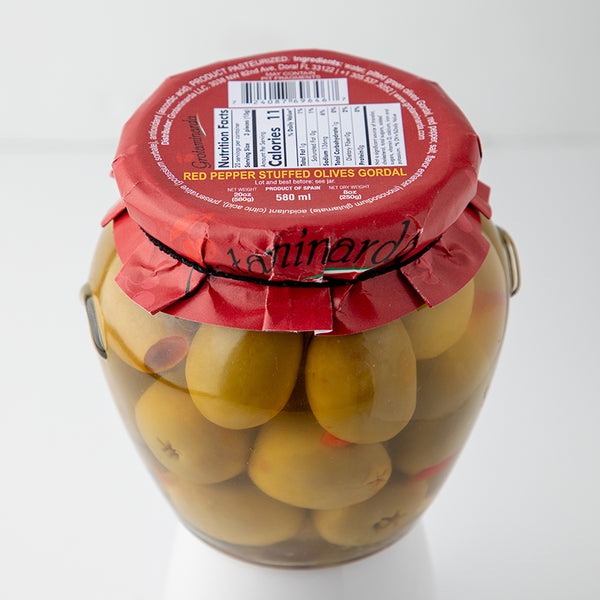 Pitted Gordal Olives Stuffed with Red Pepper - Glass Jar 20oz / 8oz Net