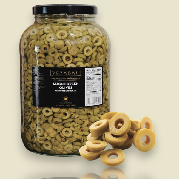 Sliced Green Olives - 135.80 oz / 67.02 oz Net - Glass Jar