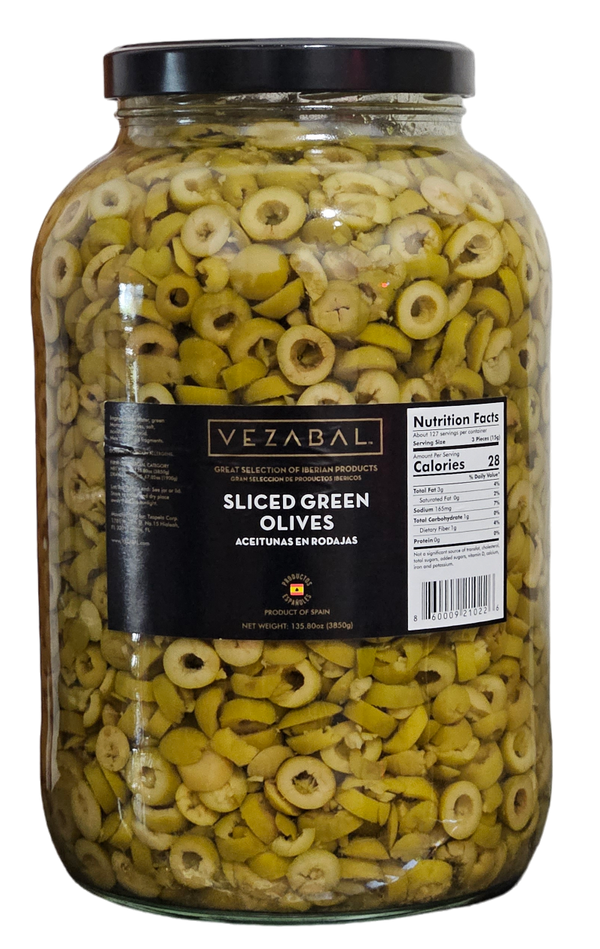 Sliced Green Olives - 135.80 oz / 67.02 oz Net - Glass Jar