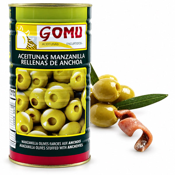 GOMU Spanish Green Manzanilla Olives Stuffed with Anchovies – 52.38 oz Each