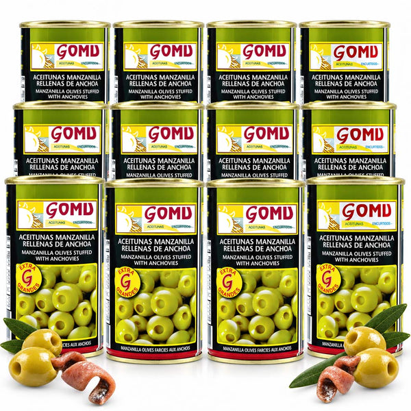 GOMU Spanish Manzanilla Olives Stuffed with Anchovies Extra Large, Low Salt, 12.35 oz Each