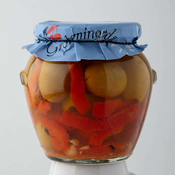 Pitted Gordal Olives with Smoked Pepper - Glass Jar 20oz / 8oz Net