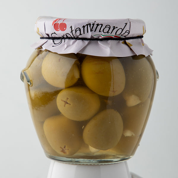 Pitted Gordal Olives Stuffed with Garlic - Glass Jar 20oz / 8oz Net