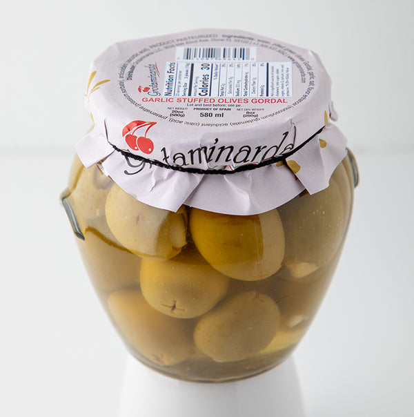 Pitted Gordal Olives Stuffed with Garlic - Glass Jar 20oz / 8oz Net