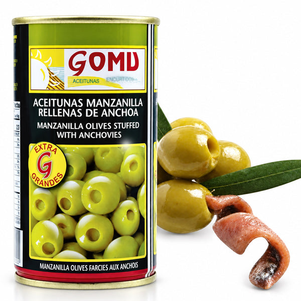 GOMU Spanish Manzanilla Olives Stuffed with Anchovies Extra Large, Low Salt, 12.35 oz Each