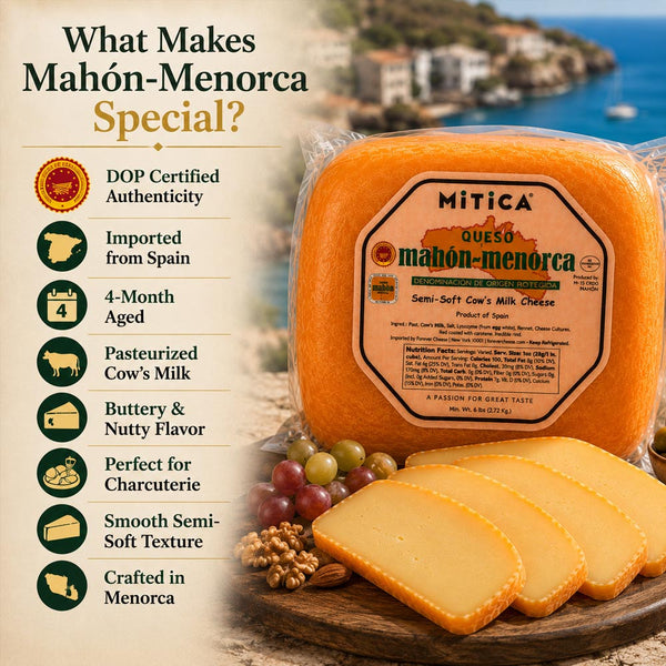 Mitica Mahón-Menorca DOP Cheese Wheel (Approx. 7–8 lb) | Imported Spanish Cow's Milk Cheese | Aged 4 Months | Buttery & Nutty Flavor