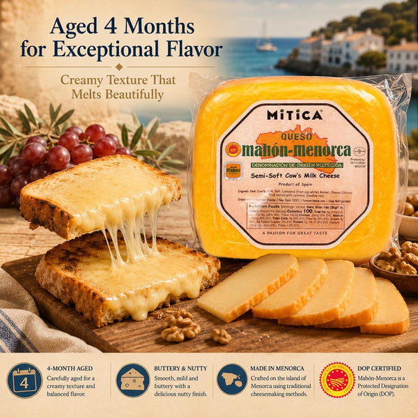Mitica Mahón-Menorca DOP Cheese Wheel (Approx. 7–8 lb) | Imported Spanish Cow's Milk Cheese | Aged 4 Months | Buttery & Nutty Flavor