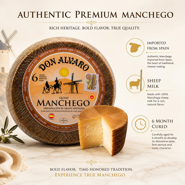 Don Alvaro Authentic Manchego Cheese Wheel | Premium 6-Month Aged Spanish Sheep Milk Cheese | Imported from Spain | Approx. 6–7 lb