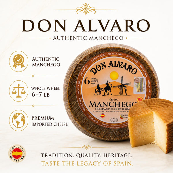 Don Alvaro Authentic Manchego Cheese Wheel | Premium 6-Month Aged Spanish Sheep Milk Cheese | Imported from Spain | Approx. 6–7 lb