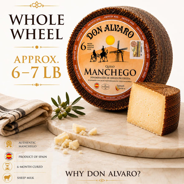 Don Alvaro Authentic Manchego Cheese Wheel | Premium 6-Month Aged Spanish Sheep Milk Cheese | Imported from Spain | Approx. 6–7 lb
