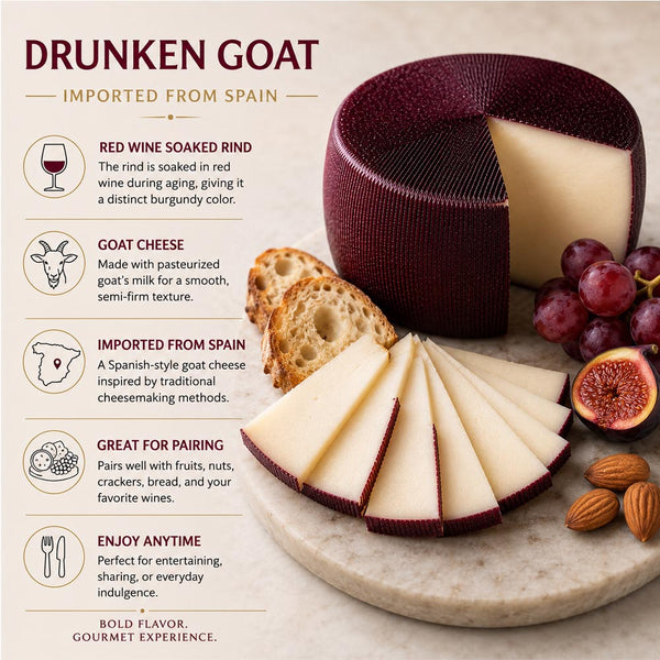 Drunken Goat Cheese Wheel (5–6 lb) | Spanish Semi-Soft Goat Cheese Bathed in Red Wine | Queso de Murcia al Vino DOP