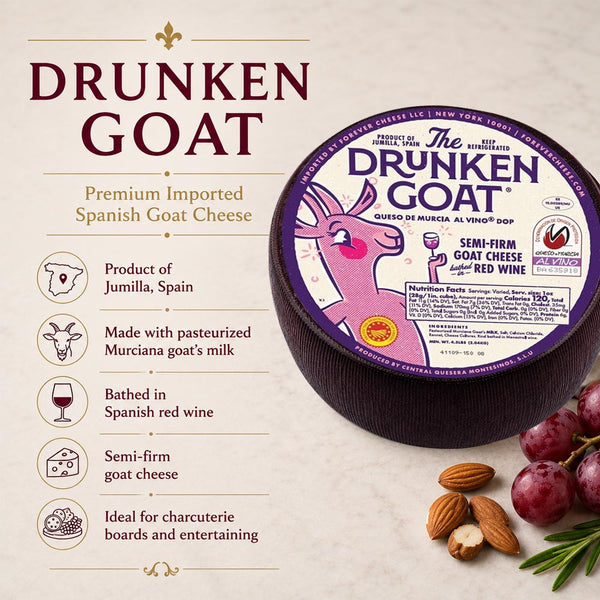 Drunken Goat Cheese Wheel (5–6 lb) | Spanish Semi-Soft Goat Cheese Bathed in Red Wine | Queso de Murcia al Vino DOP