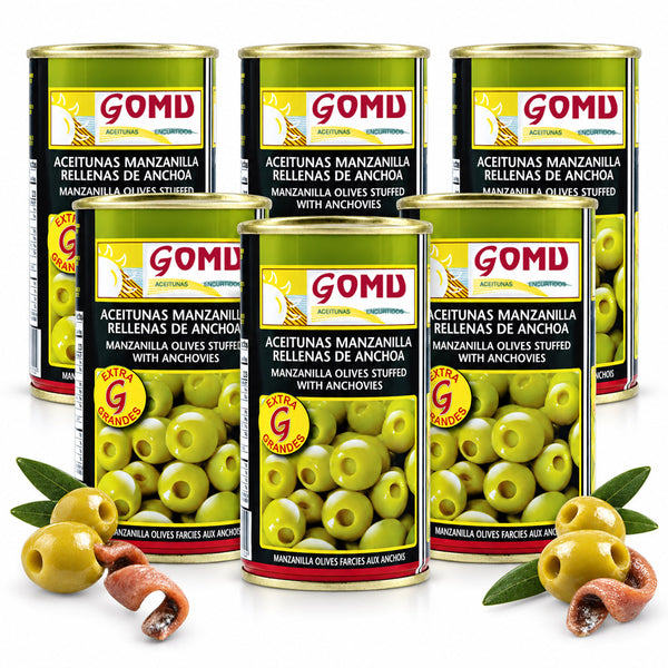 GOMU Spanish Manzanilla Olives Stuffed with Anchovies Extra Large, Low Salt, 12.35 oz Each