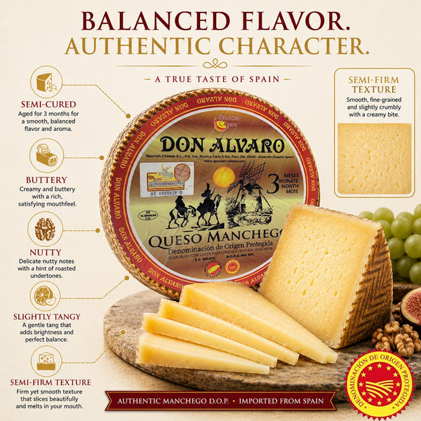 Manchego Cheese Half Cured 3 Months | Authentic Spanish Sheep Milk Cheese Wheel | 1.5-2.5 lb