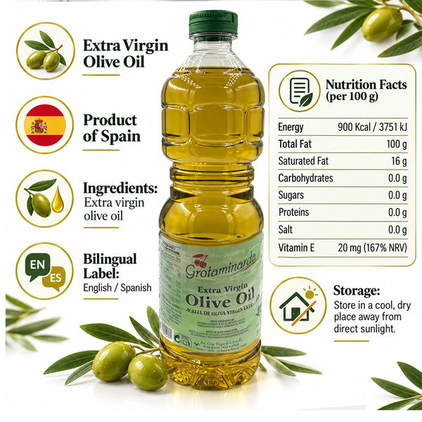 Grotaminarda Extra Virgin Olive Oil 1 Liter Spanish EVOO from Spain for Cooking, Salads, Bread Dipping, Marinades & Everyday Kitchen Use