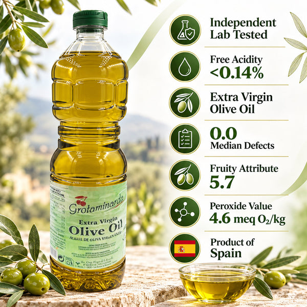 Grotaminarda Extra Virgin Olive Oil 1 Liter Spanish EVOO from Spain for Cooking, Salads, Bread Dipping, Marinades & Everyday Kitchen Use