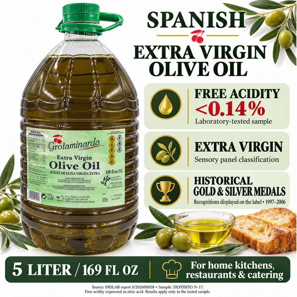 GROTAMINARDA Spanish Extra Virgin Olive Oil – 5 Liter (169 fl oz) for Cooking, Salads & Bread Dipping