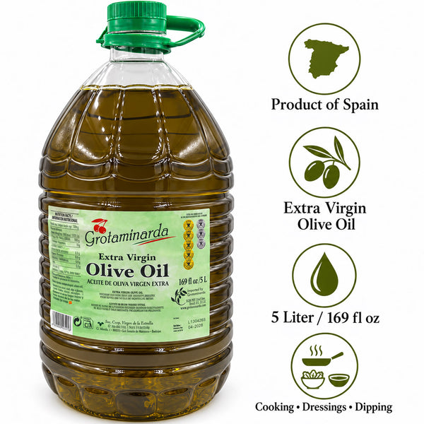 GROTAMINARDA Spanish Extra Virgin Olive Oil – 5 Liter (169 fl oz) for Cooking, Salads & Bread Dipping