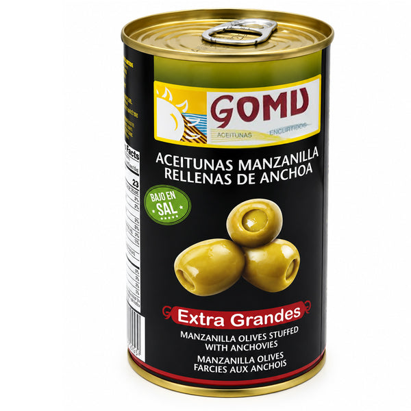 GOMU Spanish Manzanilla Olives Stuffed with Anchovies Extra Large, Low Salt, 12.35 oz Each
