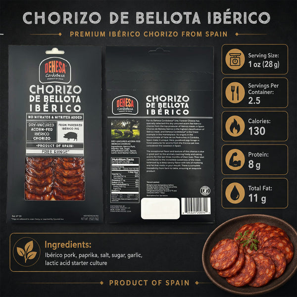 Acorn Fed Chorizo 100% Iberico, 2.5 oz, Pre-sliced - Gourmet Spanish Sausage