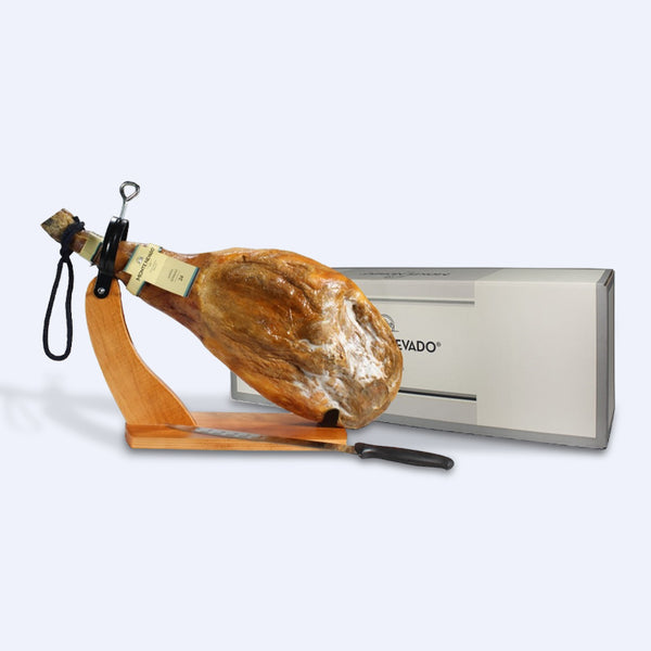 Serrano Ham, Cured 24 Months with Ham Holder, Knife, and Sharpener (16-19 lbs) Bone-In Skin-On