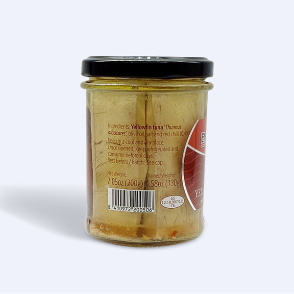 Yellowfin Tuna in Olive Oil with Chili Peppers - 7.05 oz / 4.58 oz Net - Glass Jar