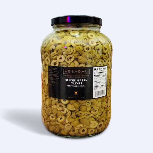 Sliced Green Olives - 135.80 oz / 67.02 oz Net - Glass Jar