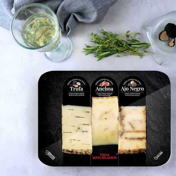 Spanish Gourmet Cheese Trio – Truffle, Anchovies & Black Garlic (300g, Pre-Cut)